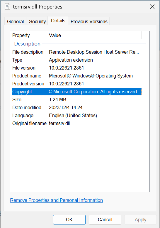 termsrv.dll 文件属性